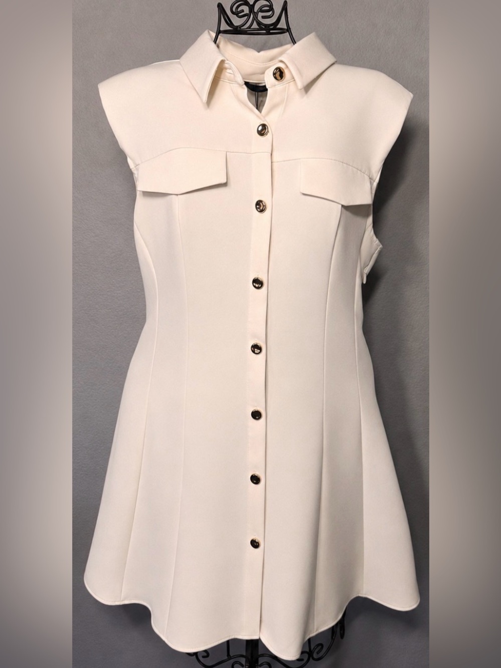 Zara Cream Sleeveless Button-Front A-Line Dress